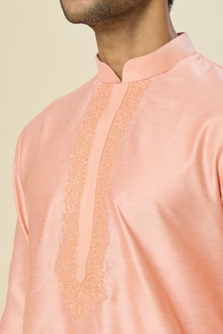 Buy_Arihant Rai Sinha_Pink Polyester, Chanderi Embroidery Paisley Placket Kurta And Churidar _Online_at_Aza_Fashions