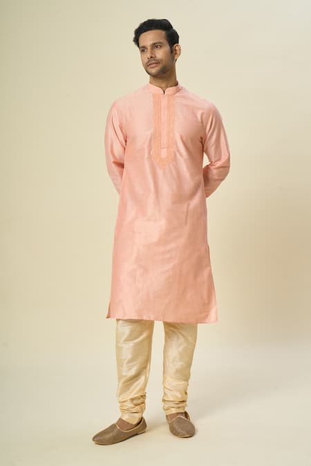 Arihant Rai Sinha_Pink Polyester, Chanderi Embroidery Paisley Placket Kurta And Churidar _at_Aza_Fashions