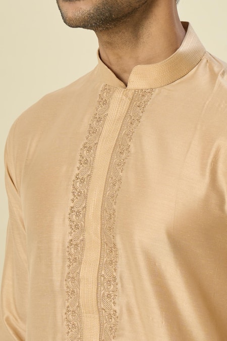 Arihant Rai Sinha Beige Polyester, Chanderi Embroidery Kurta Set With Churidar Online at Aza Fashions Arihant Rai Sinha_Beige Polyester, Chanderi Embroidery Kurta Set With Churidar _Online_at_Aza_Fashions