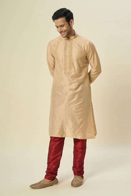 Shop Arihant Rai Sinha Beige Polyester, Chanderi Embroidery Kurta Set With Churidar Online at Aza Fashions Shop_Arihant Rai Sinha_Beige Polyester, Chanderi Embroidery Kurta Set With Churidar _Online_at_Aza_Fashions