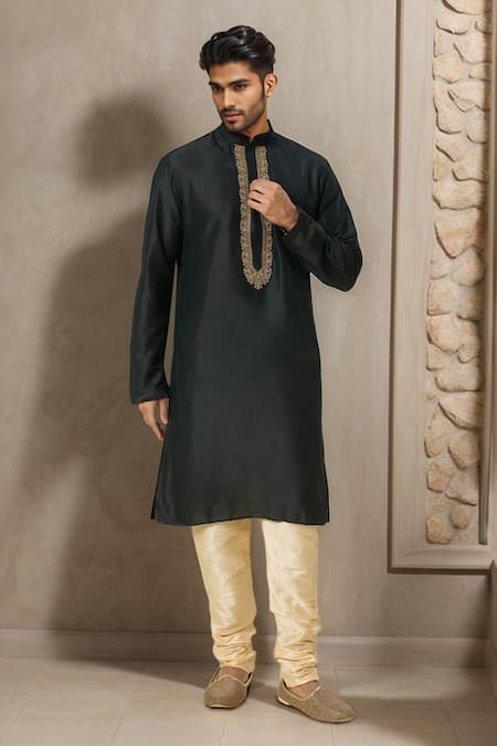Samyukta Singhania Black Kurta Poly Silk Embroidered Thread Vine Placket And Churidar