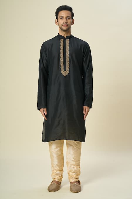 Arihant Rai Sinha_Black Polyester, Chanderi Embroidery Vine Placket Kurta And Churidar _Online_at_Aza_Fashions