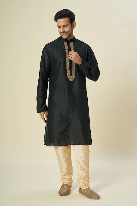 Buy_Arihant Rai Sinha_Black Polyester, Chanderi Embroidery Vine Placket Kurta And Churidar _Online_at_Aza_Fashions