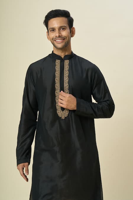 Shop_Arihant Rai Sinha_Black Polyester, Chanderi Embroidery Vine Placket Kurta And Churidar _Online_at_Aza_Fashions