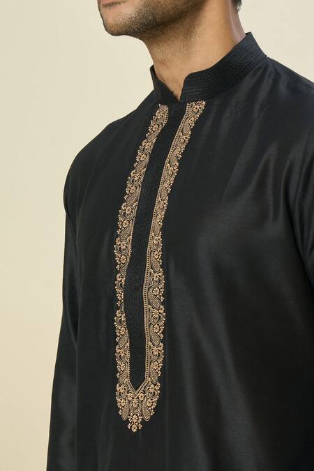 Arihant Rai Sinha_Black Polyester, Chanderi Embroidery Vine Placket Kurta And Churidar _at_Aza_Fashions
