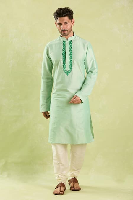 Arihant Rai Sinha Green Polyester, Chanderi Embroidery Tonal Vine Kurta Set Online at Aza Fashions Arihant Rai Sinha_Green Polyester, Chanderi Embroidery Tonal Vine Kurta Set _Online_at_Aza_Fashions