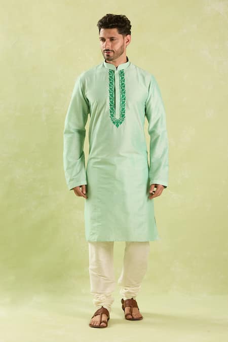 Arihant Rai Sinha Green Polyester, Chanderi Embroidery Tonal Vine Kurta Set at Aza Fashions Arihant Rai Sinha_Green Polyester, Chanderi Embroidery Tonal Vine Kurta Set _at_Aza_Fashions
