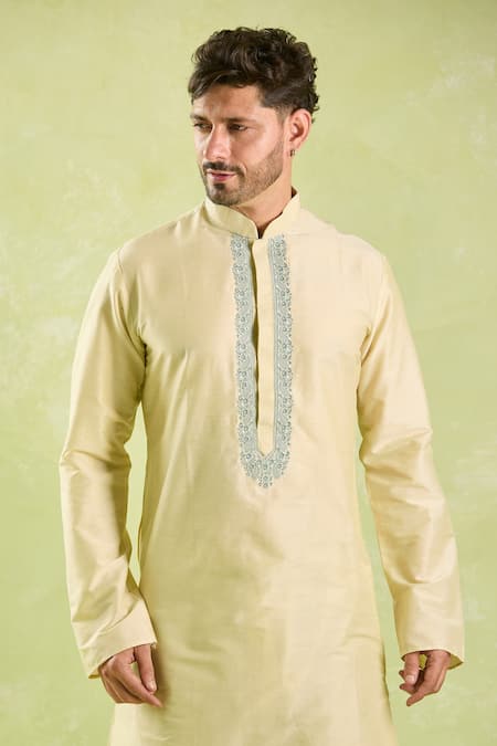 Buy_Arihant Rai Sinha_Beige Polyester, Chanderi Silk Embroidery Contrast Kurta Set _Online_at_Aza_Fashions