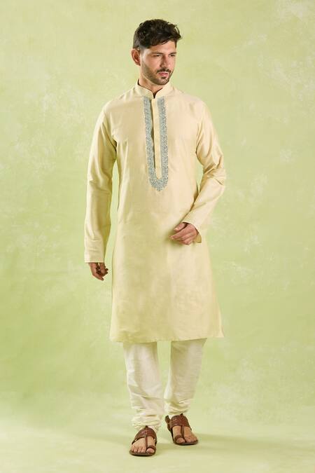 Shop_Arihant Rai Sinha_Beige Polyester, Chanderi Silk Embroidery Contrast Kurta Set _Online_at_Aza_Fashions