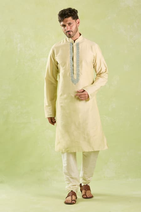 Arihant Rai Sinha_Beige Polyester, Chanderi Silk Embroidery Contrast Kurta Set _at_Aza_Fashions