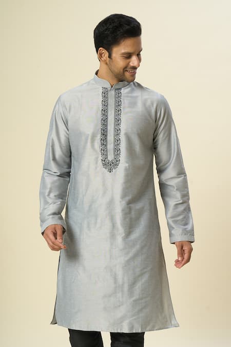 Arihant Rai Sinha_Gray Polyester, Chanderi Silk Embroidery Contrast Kurta Set _Online_at_Aza_Fashions