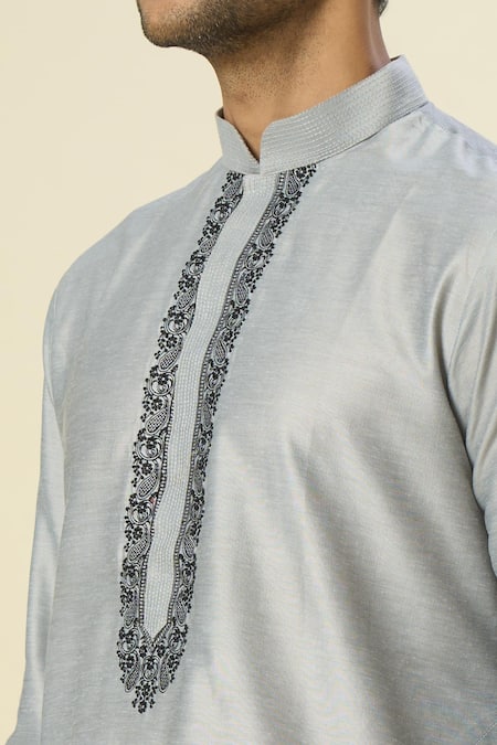 Buy_Arihant Rai Sinha_Gray Polyester, Chanderi Silk Embroidery Contrast Kurta Set _Online_at_Aza_Fashions