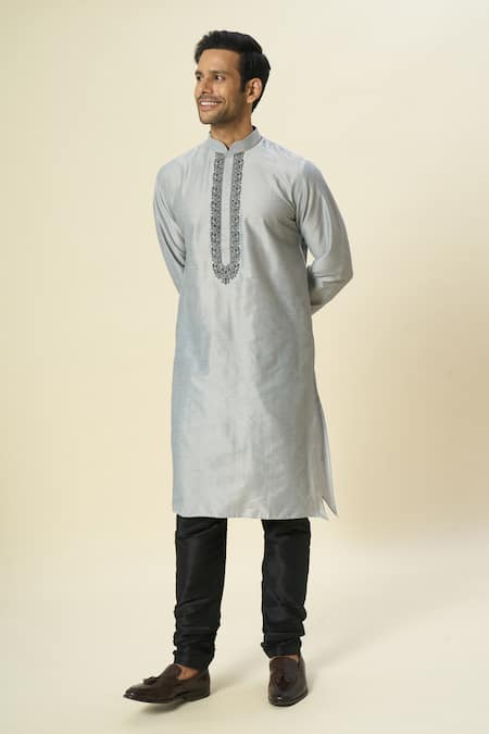 Arihant Rai Sinha_Gray Polyester, Chanderi Silk Embroidery Contrast Kurta Set _at_Aza_Fashions