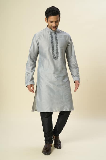 Buy_Arihant Rai Sinha_Gray Polyester, Chanderi Silk Embroidery Contrast Kurta Set 