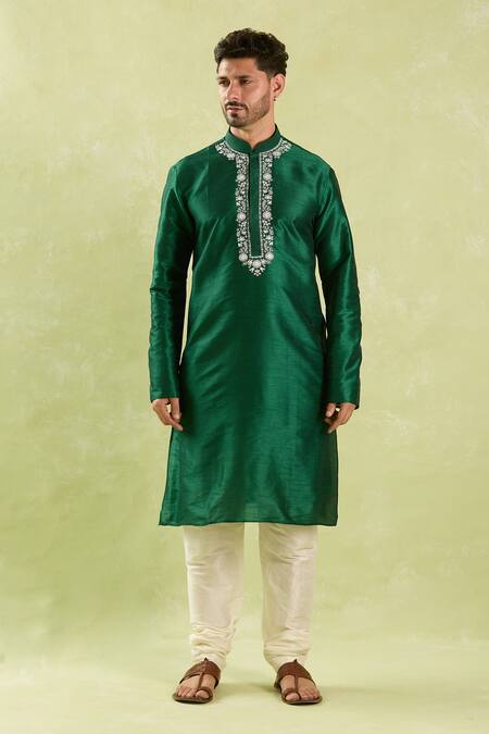Arihant Rai Sinha_Green Silk Embroidery Placket Kurta Set _Online_at_Aza_Fashions