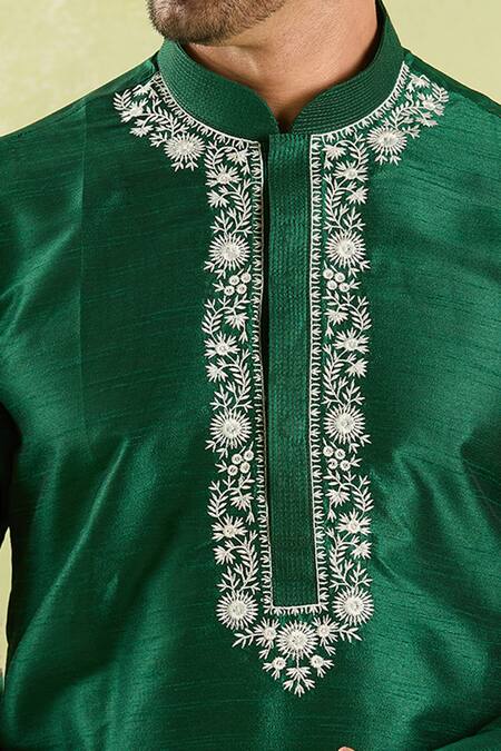 Buy_Arihant Rai Sinha_Green Silk Embroidery Placket Kurta Set _Online_at_Aza_Fashions
