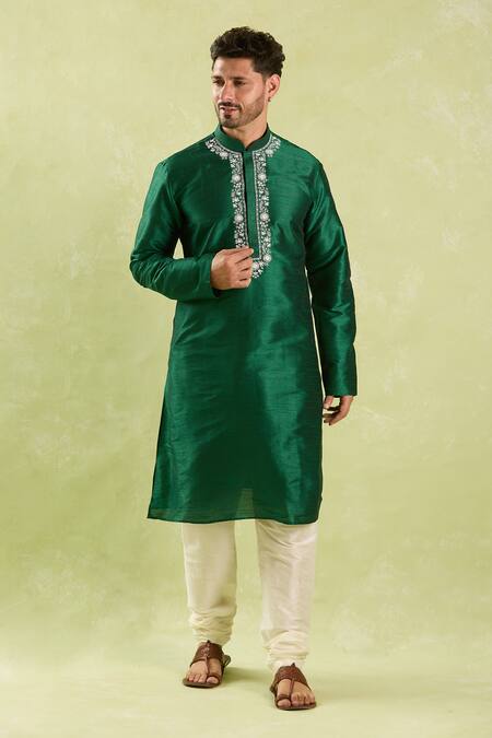 Shop_Arihant Rai Sinha_Green Silk Embroidery Placket Kurta Set _Online_at_Aza_Fashions