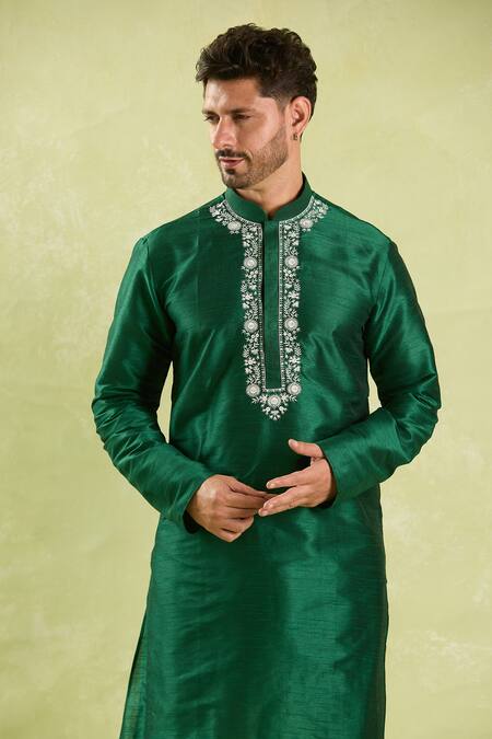 Arihant Rai Sinha_Green Silk Embroidery Placket Kurta Set _at_Aza_Fashions