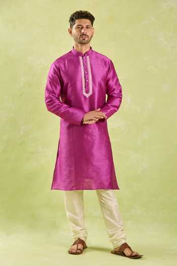 Arihant Rai Sinha Pink Silk Botanic Embroidered Placket Kurta Set Online at Aza Fashions Arihant Rai Sinha_Pink Silk Botanic Embroidered Placket Kurta Set _Online_at_Aza_Fashions