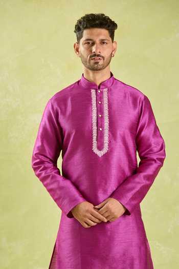 Buy Arihant Rai Sinha Pink Silk Botanic Embroidered Placket Kurta Set Online at Aza Fashions Buy_Arihant Rai Sinha_Pink Silk Botanic Embroidered Placket Kurta Set _Online_at_Aza_Fashions
