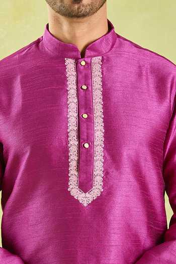 Shop Arihant Rai Sinha Pink Silk Botanic Embroidered Placket Kurta Set Online at Aza Fashions Shop_Arihant Rai Sinha_Pink Silk Botanic Embroidered Placket Kurta Set _Online_at_Aza_Fashions