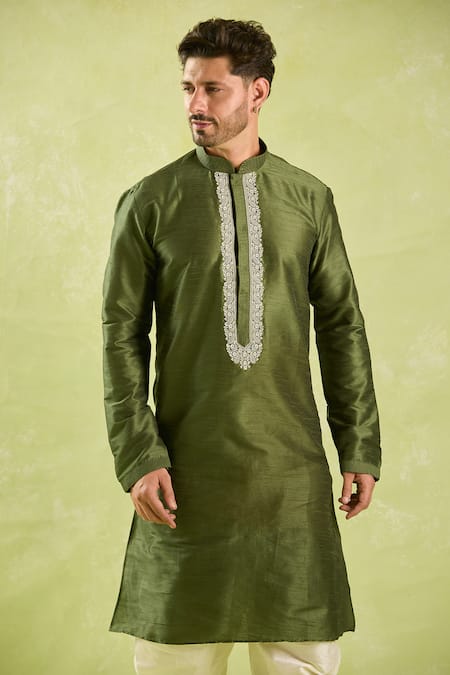 Arihant Rai Sinha_Green Silk Embroidery Floral Paisley Kurta Set _Online_at_Aza_Fashions