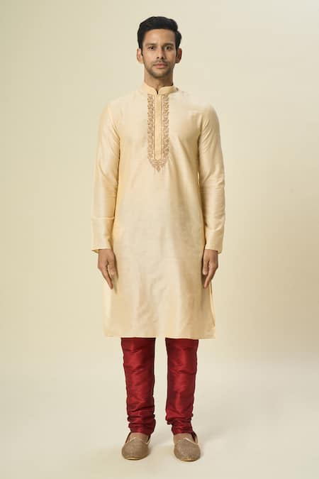 Shop_Arihant Rai Sinha_Beige Polyester, Silk Embroidery Tonal Kurta And Churidar _Online_at_Aza_Fashions