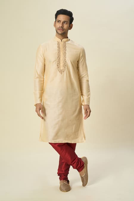 Arihant Rai Sinha_Beige Polyester, Silk Embroidery Tonal Kurta And Churidar _at_Aza_Fashions