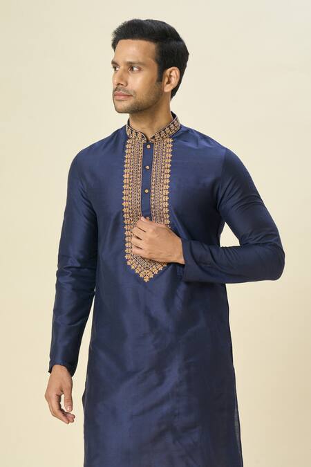 Arihant Rai Sinha_Blue Polyester, Silk, Chanderi Embroidery Jaal Placket Kurta Set _Online_at_Aza_Fashions