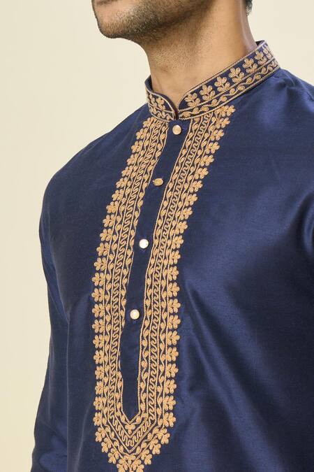 Buy_Arihant Rai Sinha_Blue Polyester, Silk, Chanderi Embroidery Jaal Placket Kurta Set _Online_at_Aza_Fashions