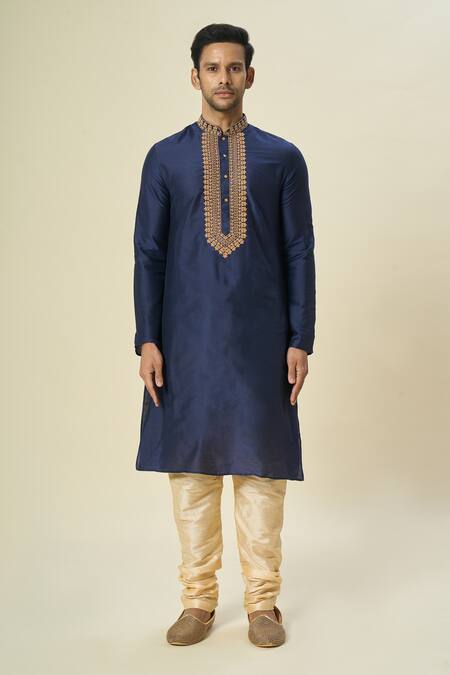 Shop_Arihant Rai Sinha_Blue Polyester, Silk, Chanderi Embroidery Jaal Placket Kurta Set _Online_at_Aza_Fashions