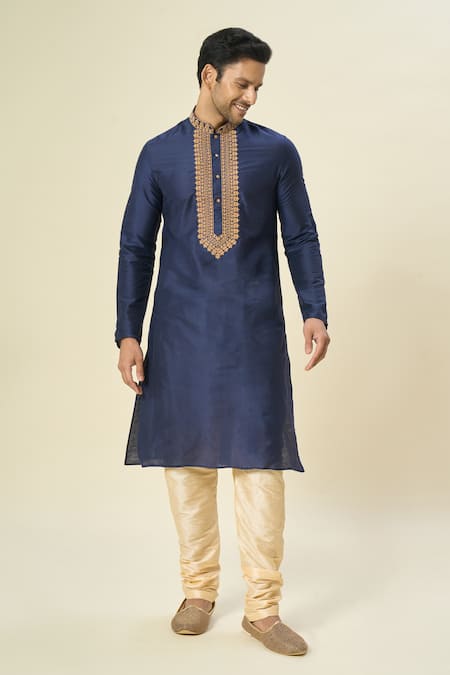 Arihant Rai Sinha_Blue Polyester, Silk, Chanderi Embroidery Jaal Placket Kurta Set _at_Aza_Fashions