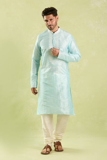 Arihant Rai Sinha_Sky Blue Silk Embroidery Floral Vine Kurta Set _Online_at_Aza_Fashions