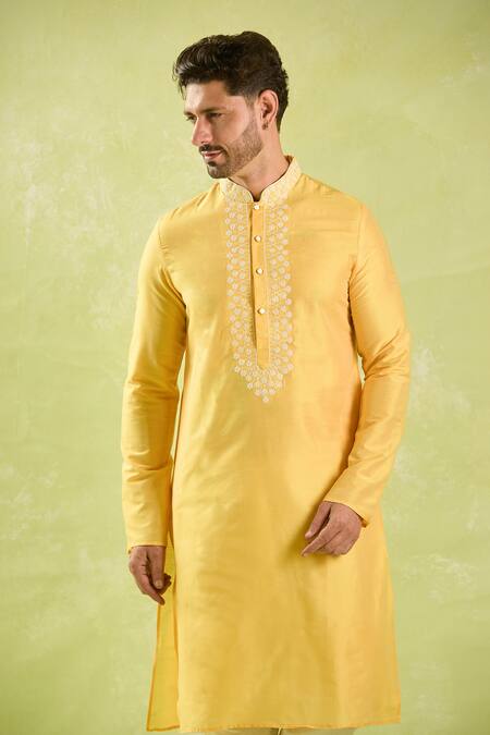 Arihant Rai Sinha_Yellow Polyester, Silk, Chanderi Embroidery Floral Jaal Placket Kurta Set _Online_at_Aza_Fashions
