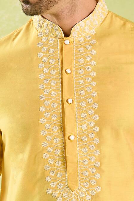 Buy_Arihant Rai Sinha_Yellow Polyester, Silk, Chanderi Embroidery Floral Jaal Placket Kurta Set _Online_at_Aza_Fashions