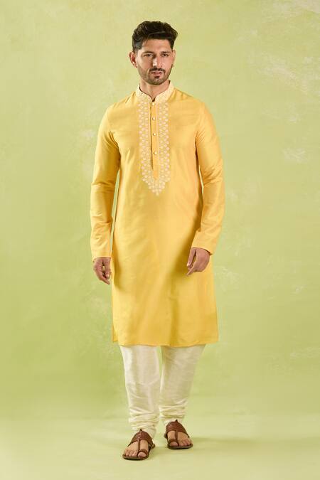 Shop_Arihant Rai Sinha_Yellow Polyester, Silk, Chanderi Embroidery Floral Jaal Placket Kurta Set _Online_at_Aza_Fashions