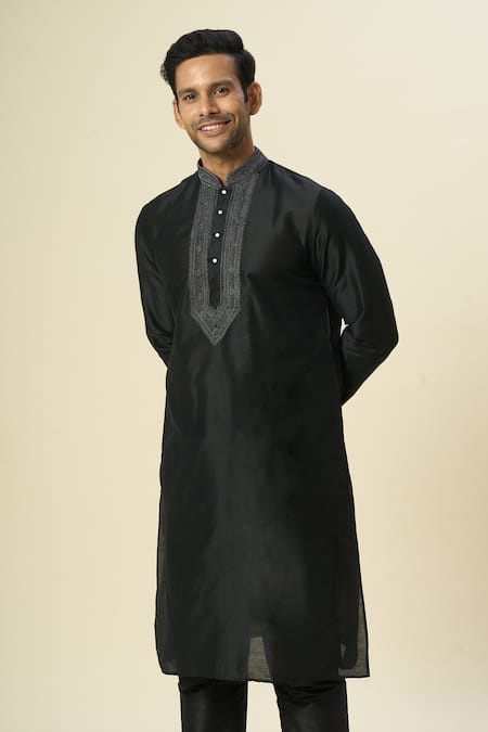 Arihant Rai Sinha_Black Polyester, Chanderi Embroidery Threadwork Kurta Set _Online_at_Aza_Fashions