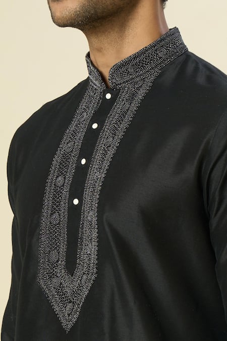 Buy_Arihant Rai Sinha_Black Polyester, Chanderi Embroidery Threadwork Kurta Set _Online_at_Aza_Fashions