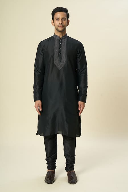 Shop_Arihant Rai Sinha_Black Polyester, Chanderi Embroidery Threadwork Kurta Set _Online_at_Aza_Fashions