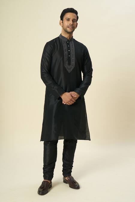 Arihant Rai Sinha_Black Polyester, Chanderi Embroidery Threadwork Kurta Set _at_Aza_Fashions