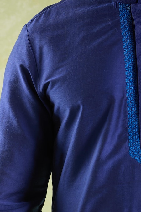 Arihant Rai Sinha_Blue Polyester, Chanderi Silk Embroidery Threadwork Swirl Placket Kurta Set _Online_at_Aza_Fashions
