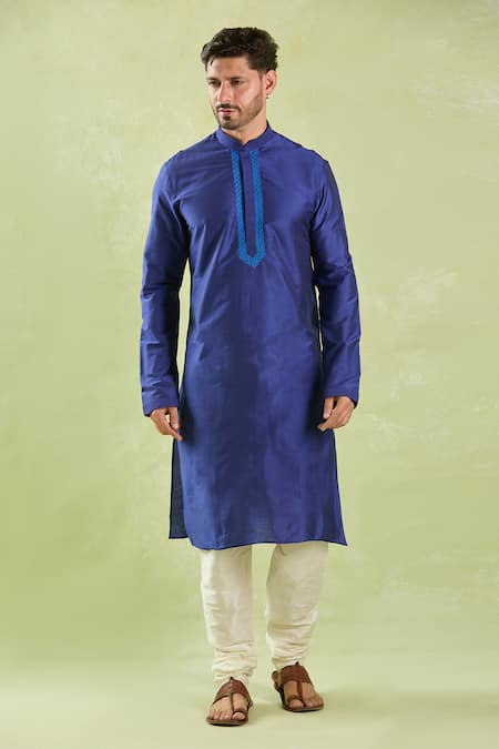 Buy_Arihant Rai Sinha_Blue Polyester, Chanderi Silk Embroidery Threadwork Swirl Placket Kurta Set _Online_at_Aza_Fashions