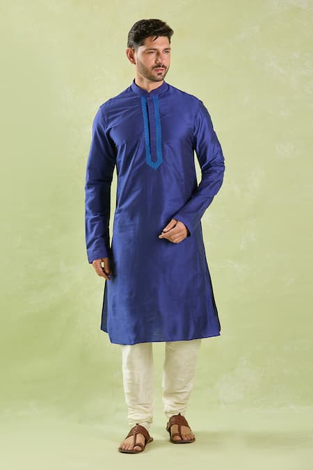 Shop_Arihant Rai Sinha_Blue Polyester, Chanderi Silk Embroidery Threadwork Swirl Placket Kurta Set _Online_at_Aza_Fashions