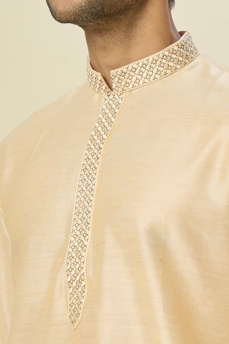 Buy_Arihant Rai Sinha_Beige Polyester, Silk Embroidery Threadwork Kurta Set With Churidar _Online_at_Aza_Fashions