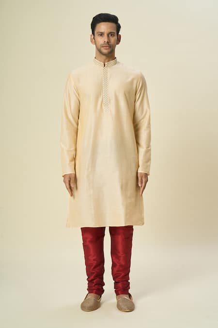 Shop_Arihant Rai Sinha_Beige Polyester, Silk Embroidery Threadwork Kurta Set With Churidar _Online_at_Aza_Fashions