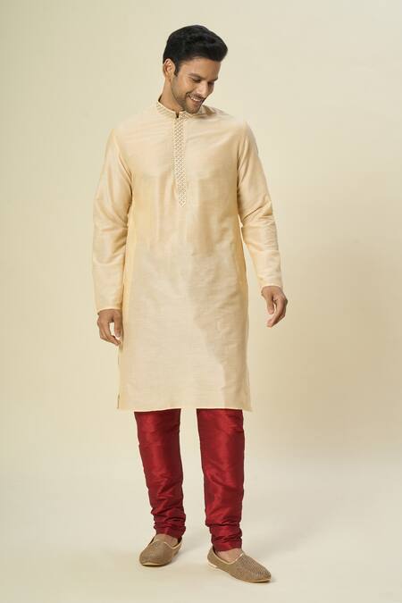Arihant Rai Sinha_Beige Polyester, Silk Embroidery Threadwork Kurta Set With Churidar _at_Aza_Fashions