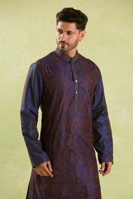 Arihant Rai Sinha_Blue Silk Embroidery Aari Kurta Set _Online_at_Aza_Fashions