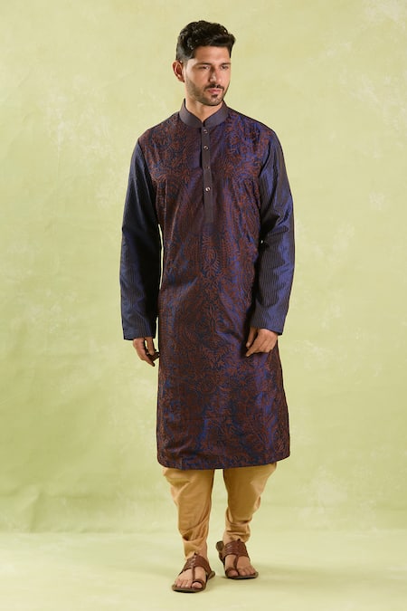 Shop_Arihant Rai Sinha_Blue Silk Embroidery Aari Kurta Set _Online_at_Aza_Fashions