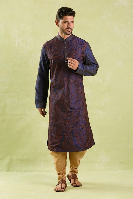 Arihant Rai Sinha_Blue Silk Embroidery Aari Kurta Set _at_Aza_Fashions
