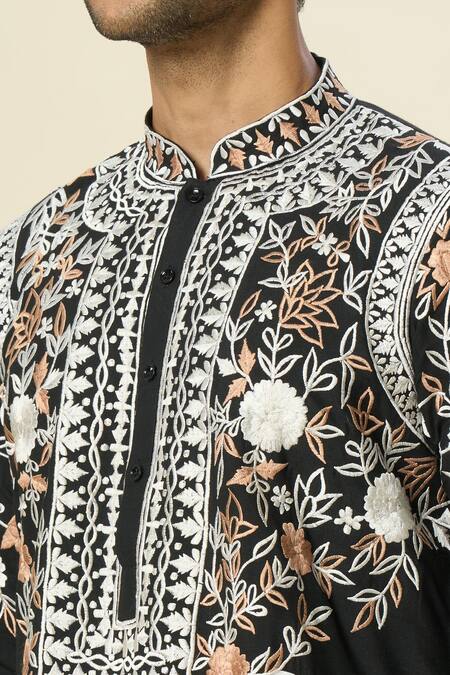 Arihant Rai Sinha Black Polyester Embroidery Floral Thread Kurta Set Online at Aza Fashions Arihant Rai Sinha_Black Polyester Embroidery Floral Thread Kurta Set _Online_at_Aza_Fashions